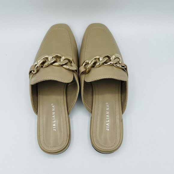 JiaLianNa Shoes Womens Size 7.5 Beige Brown Comfort Mules Heels Gold Chain Slip - Picture 8 of 10